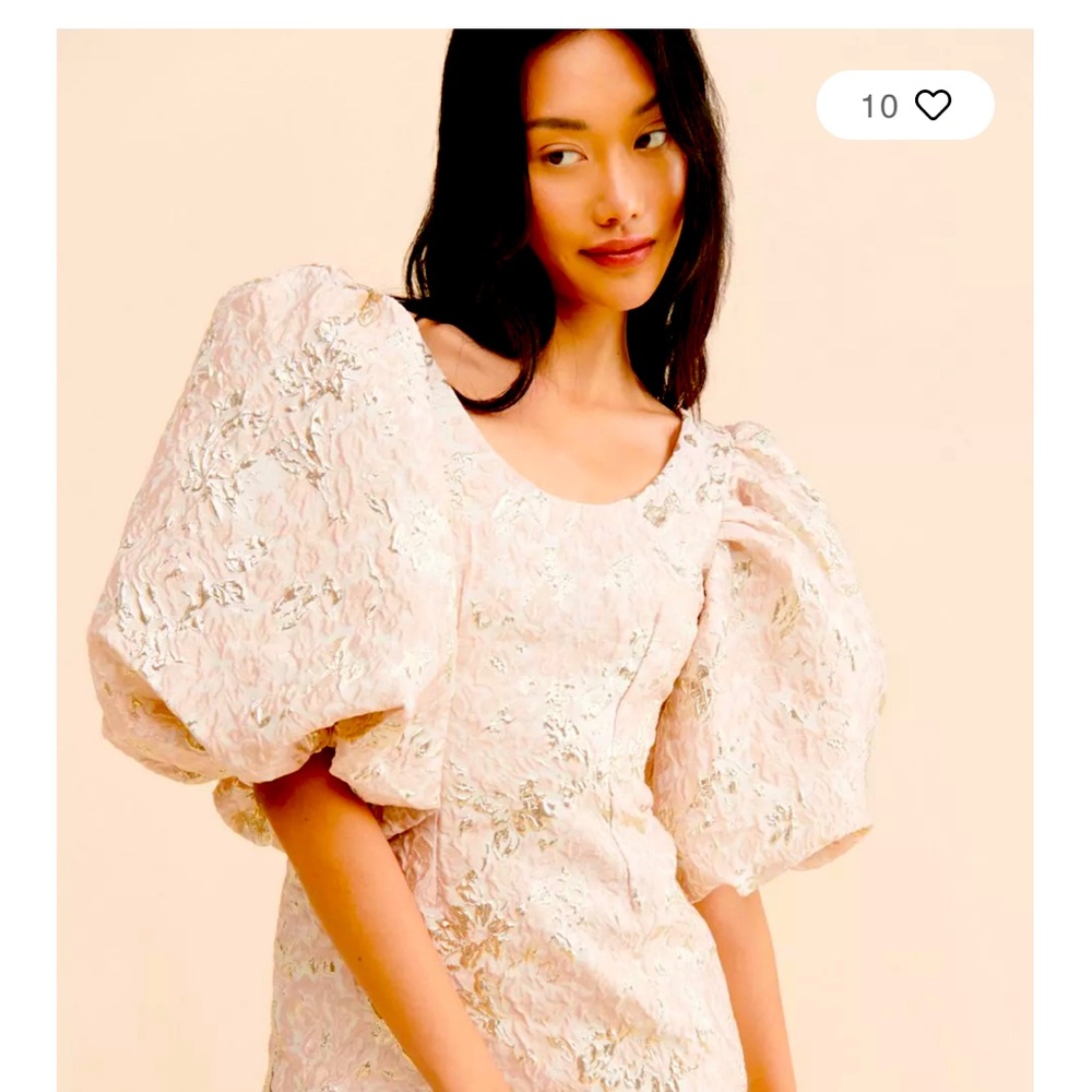 Metallic, light pink and gold puff sleeve mini dress.